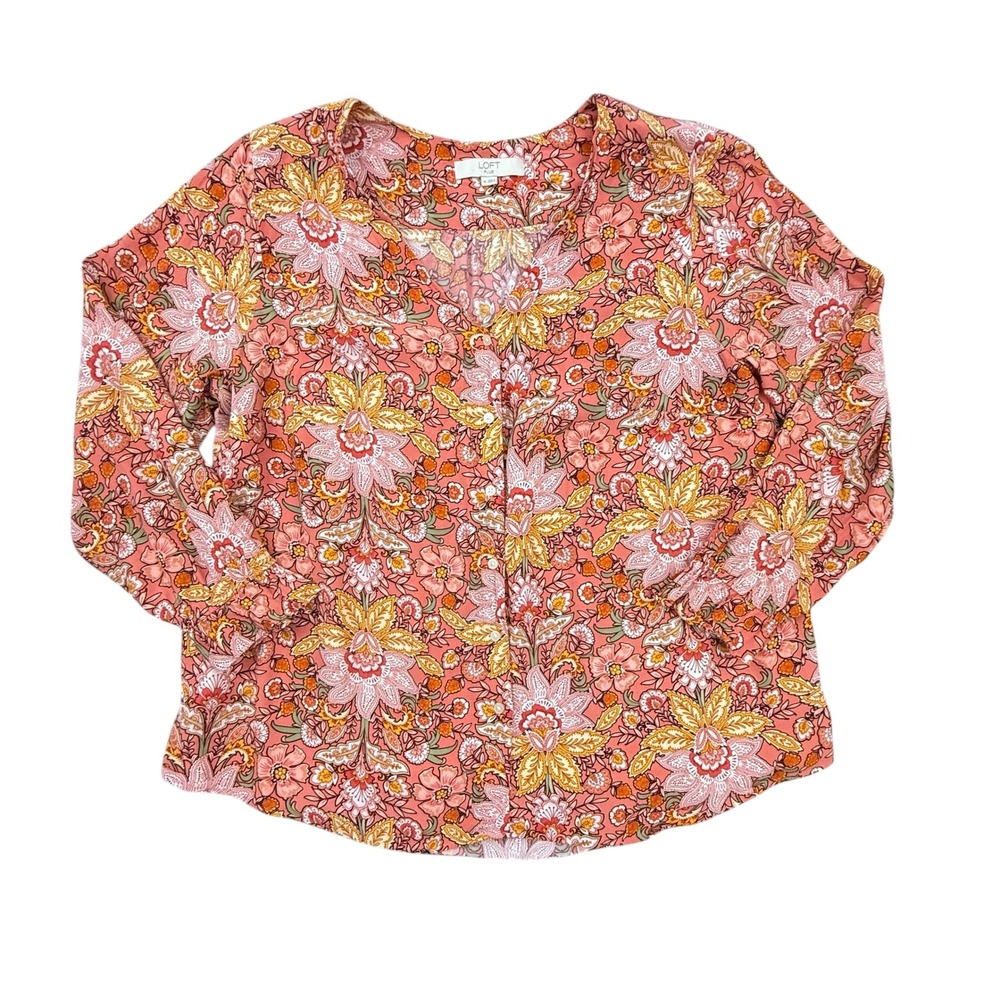 LOFT Blouse Women 16 Pink Floral Long Sleeve V-Neck Ruffle Cuff Viscose Top